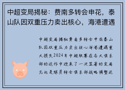 中超变局揭秘：费南多转会申花，泰山队因双重压力卖出核心，海港遭遇重大损失