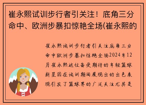 崔永熙试训步行者引关注！底角三分命中、欧洲步暴扣惊艳全场(崔永熙的比赛视频)