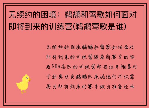 无续约的困境：鹈鹕和莺歌如何面对即将到来的训练营(鹈鹕莺歌是谁)