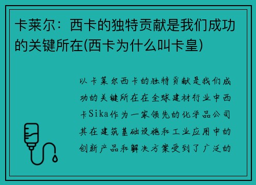 卡莱尔：西卡的独特贡献是我们成功的关键所在(西卡为什么叫卡皇)