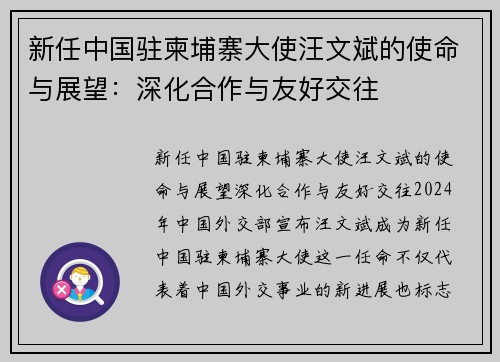新任中国驻柬埔寨大使汪文斌的使命与展望：深化合作与友好交往