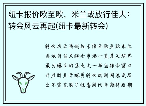 纽卡报价欧至欧，米兰或放行佳夫：转会风云再起(纽卡最新转会)