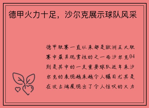 德甲火力十足，沙尔克展示球队风采