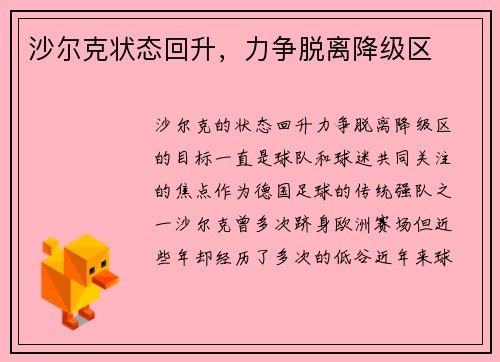 沙尔克状态回升，力争脱离降级区
