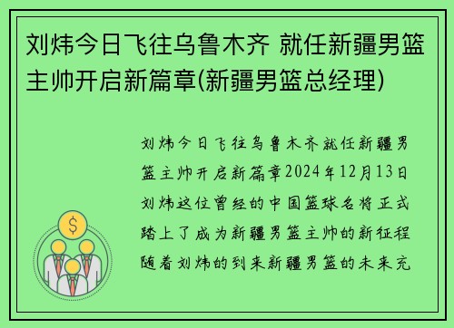 刘炜今日飞往乌鲁木齐 就任新疆男篮主帅开启新篇章(新疆男篮总经理)