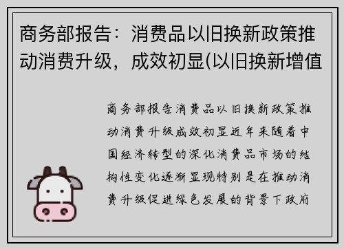 商务部报告：消费品以旧换新政策推动消费升级，成效初显(以旧换新增值税和消费税的处理)