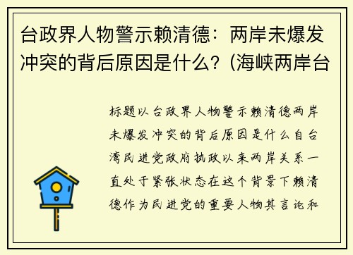 台政界人物警示赖清德：两岸未爆发冲突的背后原因是什么？(海峡两岸台湾嘉宾赖教授)